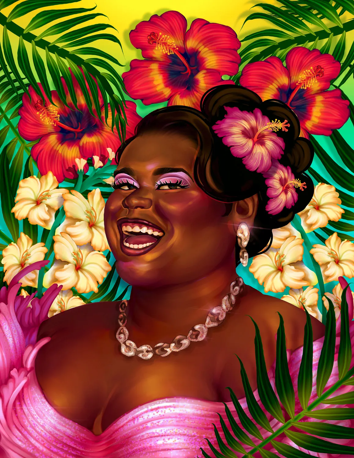 Illustrated cover portrait of Qween Jean, laughing, surrounded by hibiscus flowers and palm leaves